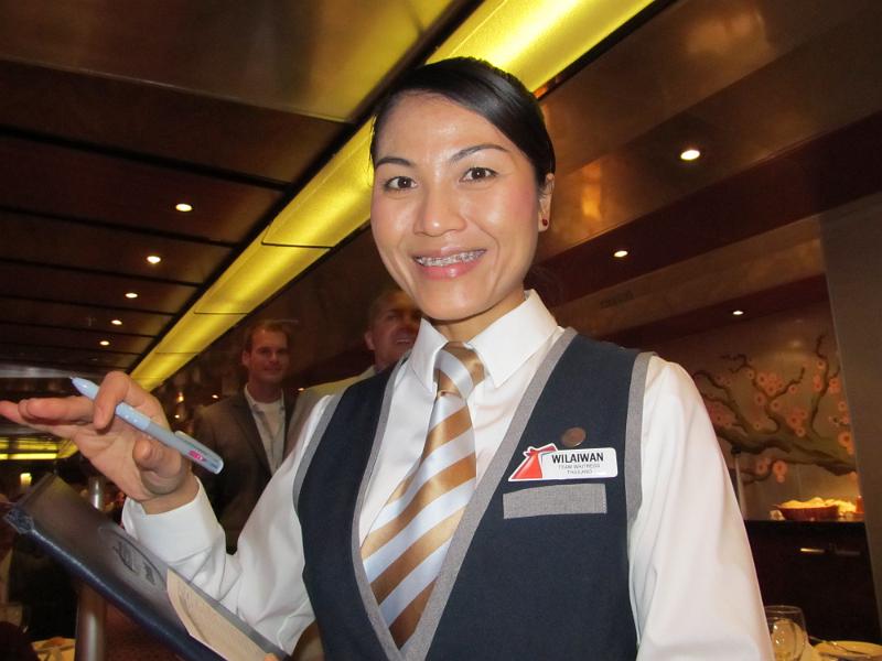 IMG_0667.JPG - Our dinner server at the Platinum Restaurant on Carnival Glory.  Note her name!